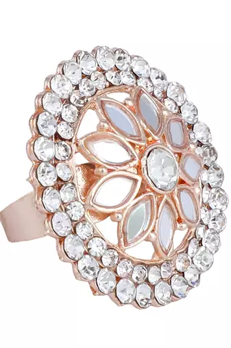 Indian Design White Glass Work and Stone Adjustable Floral Shape Cocktail Ring