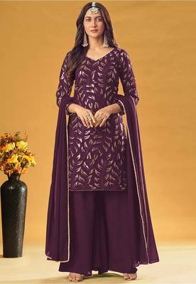Wine Color Embroidered Readymade Salwar Kameez with Dupatta Set 1