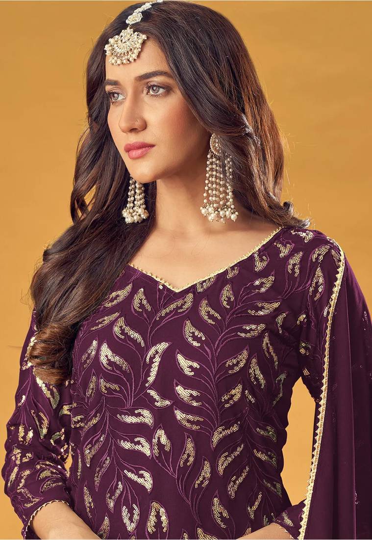 Wine Color Embroidered Readymade Salwar Kameez with Dupatta Set