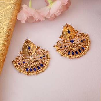 Traditional Gold Plated Stone Studded Blue Chandbali Earring 1