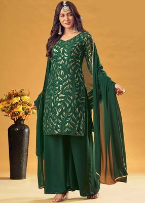 Green Color Embroidered Readymade Pakistani Salwar Kameez with Dupatta Set 1