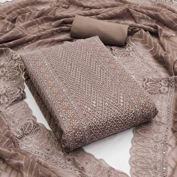 Georgette embroidered ensemble with heavy crepe bottom & chiffli dupatta dress material 1