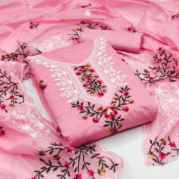 Sophisticated chanderi ensemble with neck embroidery and santoon dupatta dress material 1