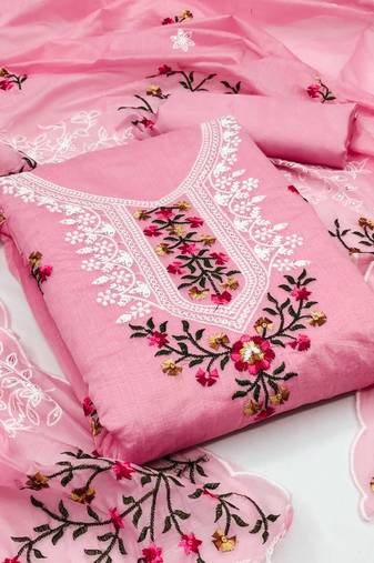 Sophisticated chanderi ensemble with neck embroidery and santoon dupatta dress material