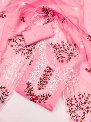 Sophisticated chanderi ensemble with neck embroidery and santoon dupatta dress material 2