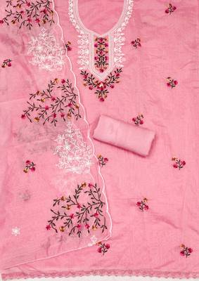 Sophisticated chanderi ensemble with neck embroidery and santoon dupatta dress material 4