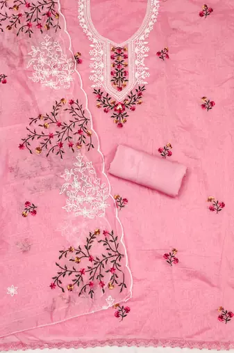 Sophisticated chanderi ensemble with neck embroidery and santoon dupatta dress material