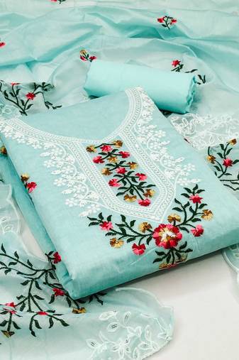 Sophisticated chanderi ensemble with neck embroidery and santoon dupatta dress material