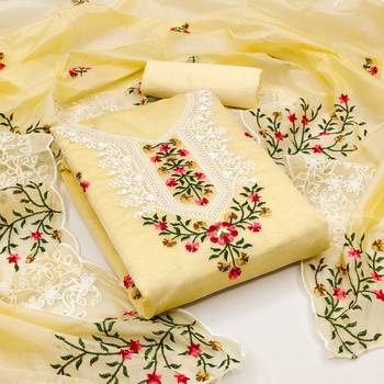 Sophisticated chanderi ensemble with neck embroidery and santoon dupatta dress material 1