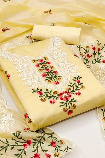Sophisticated chanderi ensemble with neck embroidery and santoon dupatta dress material