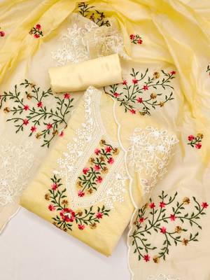 Sophisticated chanderi ensemble with neck embroidery and santoon dupatta dress material 2