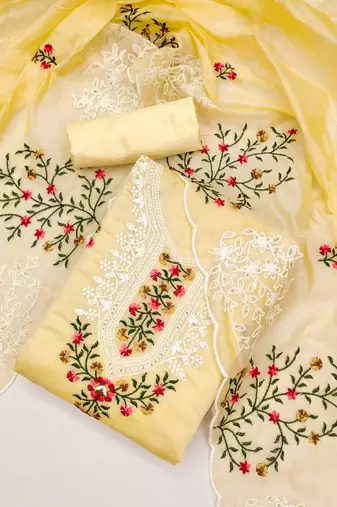 Sophisticated chanderi ensemble with neck embroidery and santoon dupatta dress material