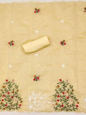 Sophisticated chanderi ensemble with neck embroidery and santoon dupatta dress material 3
