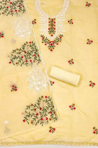 Sophisticated chanderi ensemble with neck embroidery and santoon dupatta dress material
