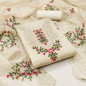 Beige Chanderi Multicolor Floral Embroidered Salwar Suit Dress Material 1