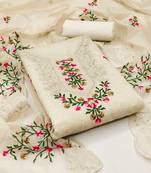 Beige Chanderi Multicolor Floral Embroidered Salwar Suit Dress Material