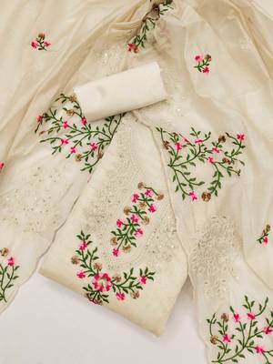 Beige Chanderi Multicolor Floral Embroidered Salwar Suit Dress Material 2