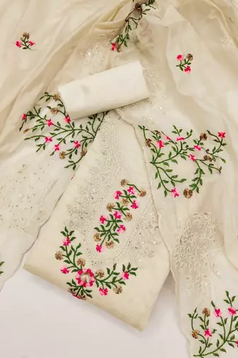 Beige Chanderi Multicolor Floral Embroidered Salwar Suit Dress Material