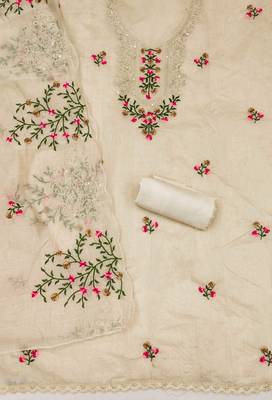 Beige Chanderi Multicolor Floral Embroidered Salwar Suit Dress Material 4