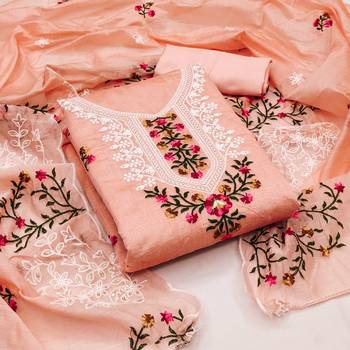 Sophisticated chanderi ensemble with neck embroidery and santoon dupatta dress material 1