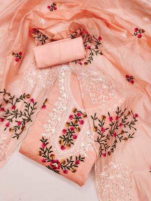 Sophisticated chanderi ensemble with neck embroidery and santoon dupatta dress material 2