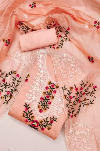 Sophisticated chanderi ensemble with neck embroidery and santoon dupatta dress material