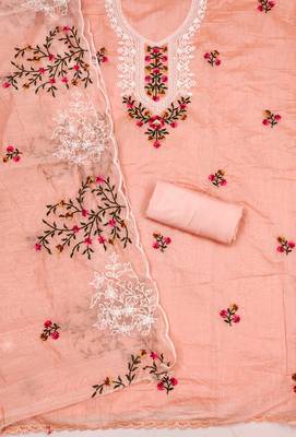 Sophisticated chanderi ensemble with neck embroidery and santoon dupatta dress material 4