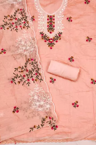 Sophisticated chanderi ensemble with neck embroidery and santoon dupatta dress material