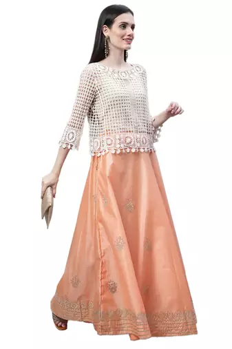 Peach chanderi silk hand gota patti work ethnic lehenga skirt