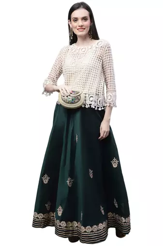 Dark green chanderi silk hand gota patti work ethnic lehenga skirt