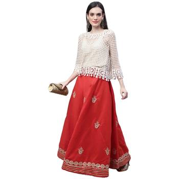 Red chanderi silk hand gota patti work ethnic lehenga skirt 4