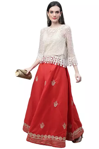 Red chanderi silk hand gota patti work ethnic lehenga skirt