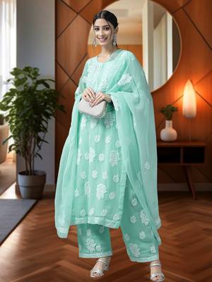 Hand Embroidered Sea Green Georgette Lucknowi Chikankari Women Unstitched Suit Piece 6
