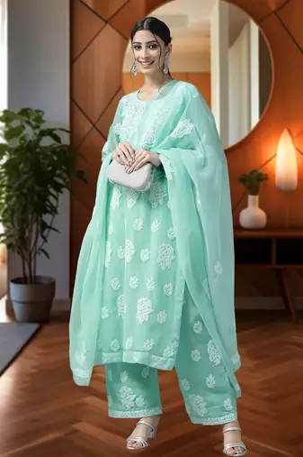 Hand Embroidered Sea Green Georgette Lucknowi Chikankari Women Unstitched Suit Piece
