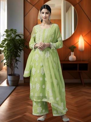 Ada Hand Embroidered Grass Green Georgette Lucknowi Chikankari Women Unstitched Suit Piece - A211216 6