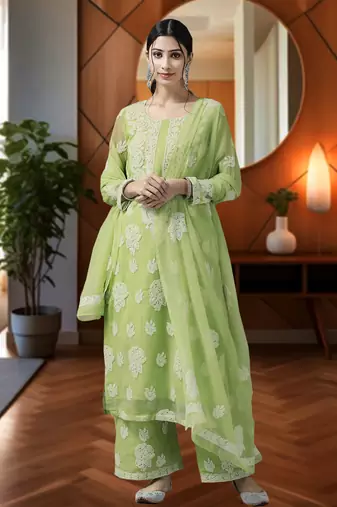 Ada Hand Embroidered Grass Green Georgette Lucknowi Chikankari Women Unstitched Suit Piece - A211216