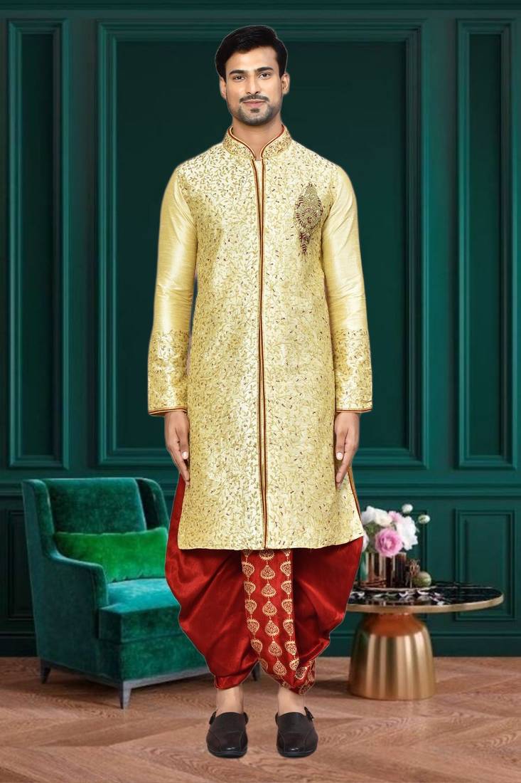 Mens silk embroidered dhoti kurta