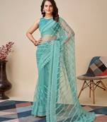 Blue Ethnic Soft Net Fancy Looking Saree For Girls