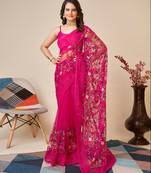 Designer Resham Embroidery Work Pink Colour Soft Net Saree