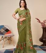 Designer Resham Embroidery Work Green Colour Soft Net Saree