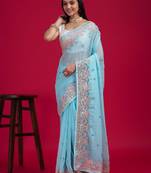 Classy Looking Blue Colour Fancy Resham Work Partywear Saree