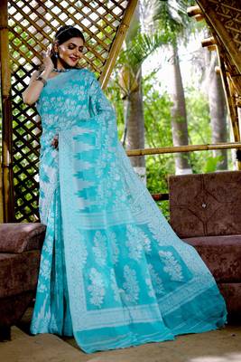 Blue Cotton Jamdani Sarees With Blouse 1