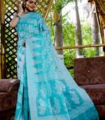 Blue Cotton Jamdani Sarees With Blouse