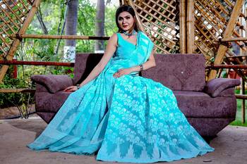 Blue Cotton Jamdani Sarees With Blouse 2