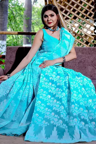 Blue Cotton Jamdani Sarees With Blouse
