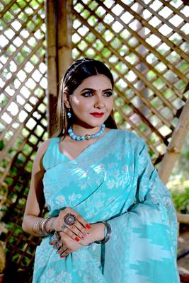 Blue Cotton Jamdani Sarees With Blouse 3