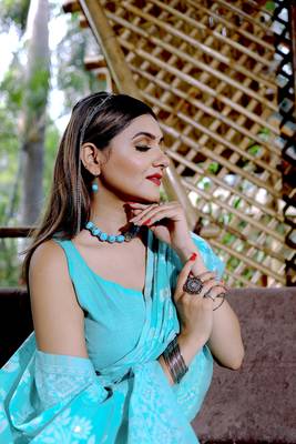 Blue Cotton Jamdani Sarees With Blouse 4