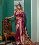 Heavy Wevon Zari Designer Wine Colour Paithani Silk Saree
