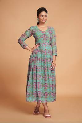 Beautiful Floral Printed Partywear Sea Green Colour Ethnic Festive Wear Kurti 1