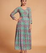 Beautiful Floral Printed Partywear Sea Green Colour Ethnic Festive Wear Kurti